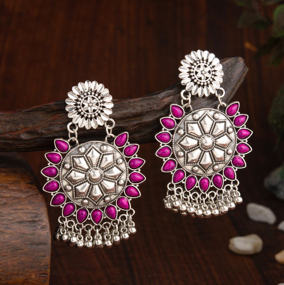 Oxidised Silver Plated Flower Shape Kundan Studded Antique Earring