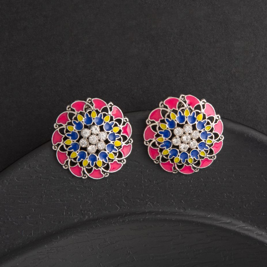 Oxidized Silver Plated Flower Shape Enamel Artwork Stone Studded Antique Earring