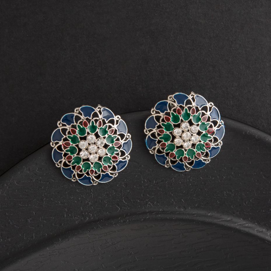 Oxidized Silver Plated Flower Shape Enamel Artwork Stone Studded Antique Earring