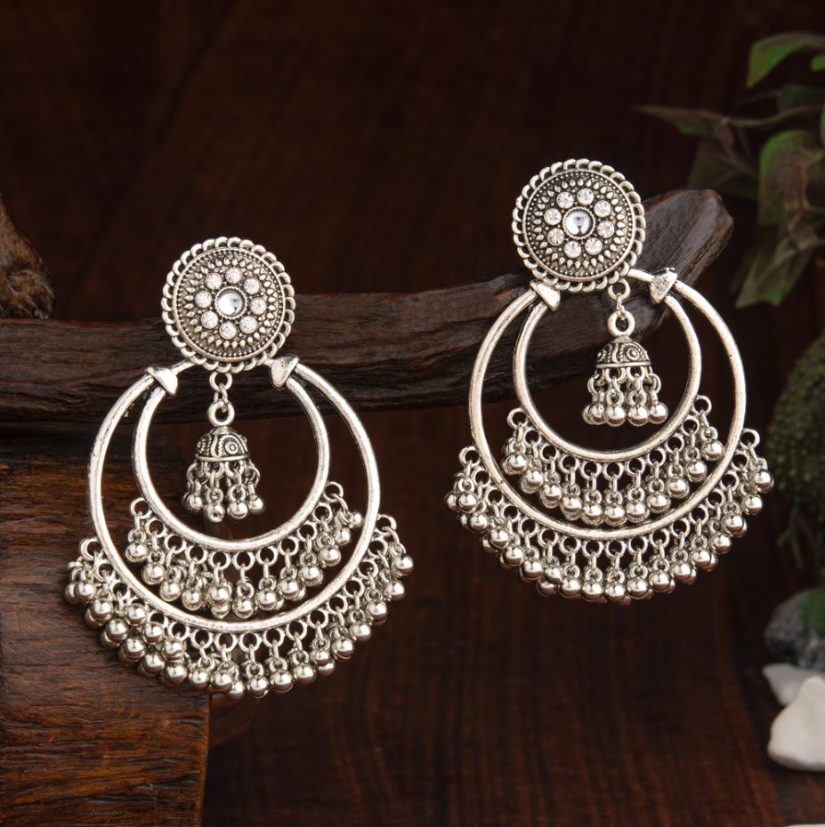 Oxidized Silver Plated Stone Studded Dual Round Shaped Hanging Beads Fashion Antique Earring