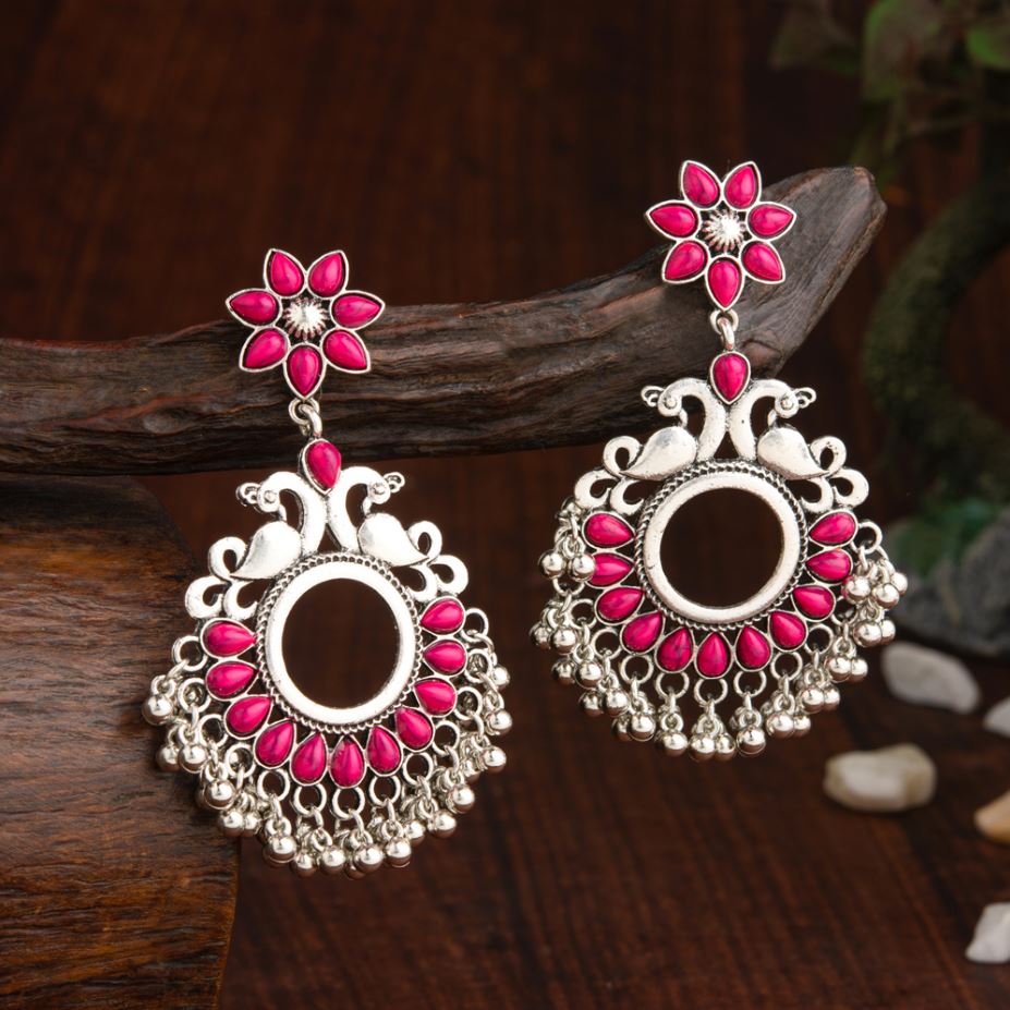 Oxidised Silver Plated Floral Peacock Designed Kundan Studded With Beads Antique Fashion Earring
