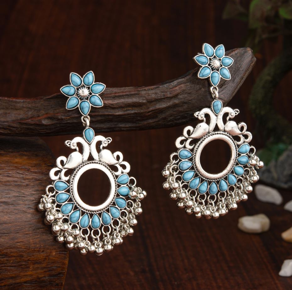 Oxidised Silver Plated Floral Peacock Designed Kundan Studded With Beads Antique Fashion Earring
