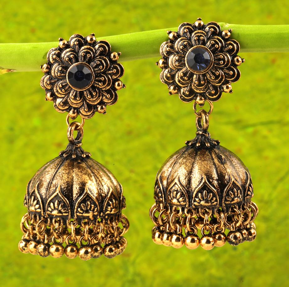 Antique Gold Plated Triple Floral Blue Stone Artwork Jhumki Earring