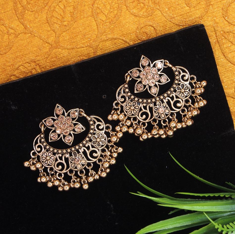 Antique Gold Plated Floral Chandbali Stud Earring