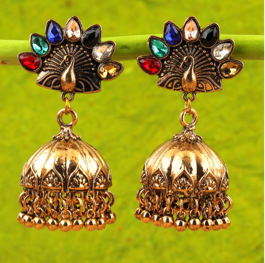Antique Gold Plated Peacock Multicolored Stone Jhumki Earring