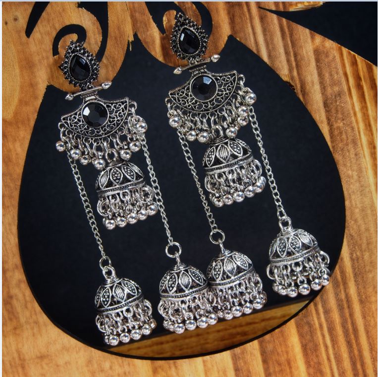 Antique Oxidized Silver Plated Black Stud With Triple Jhumki Earring