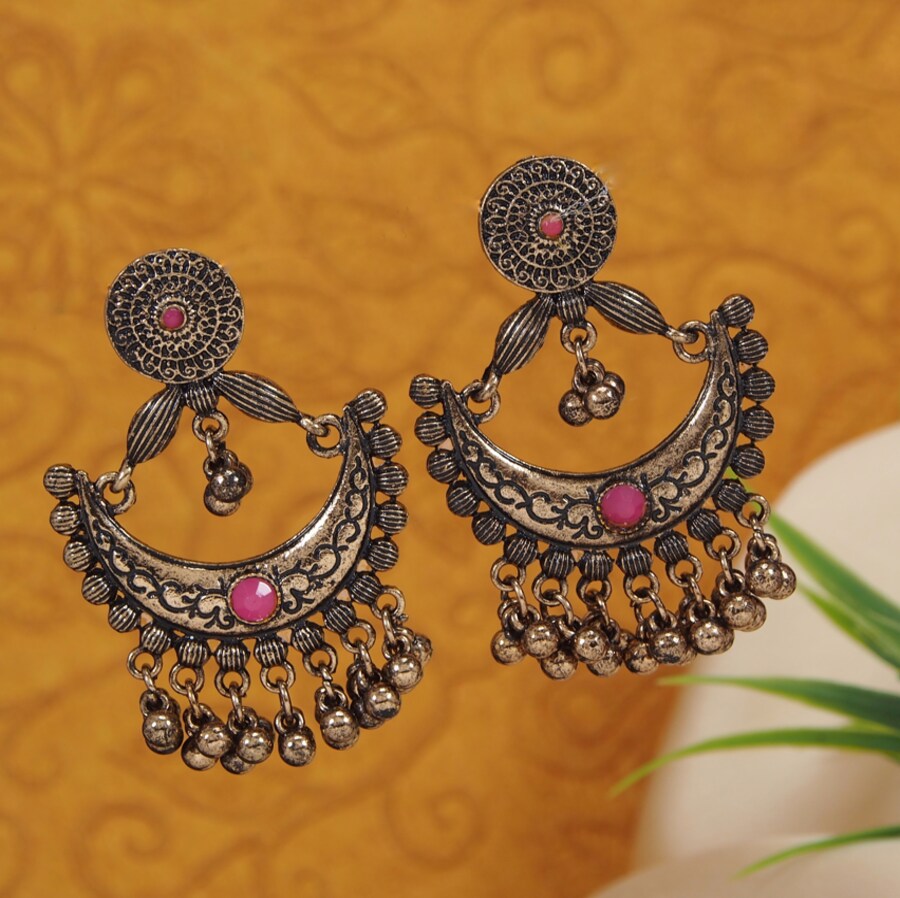 Antique Gold Plated Chand Bali Pink Earring