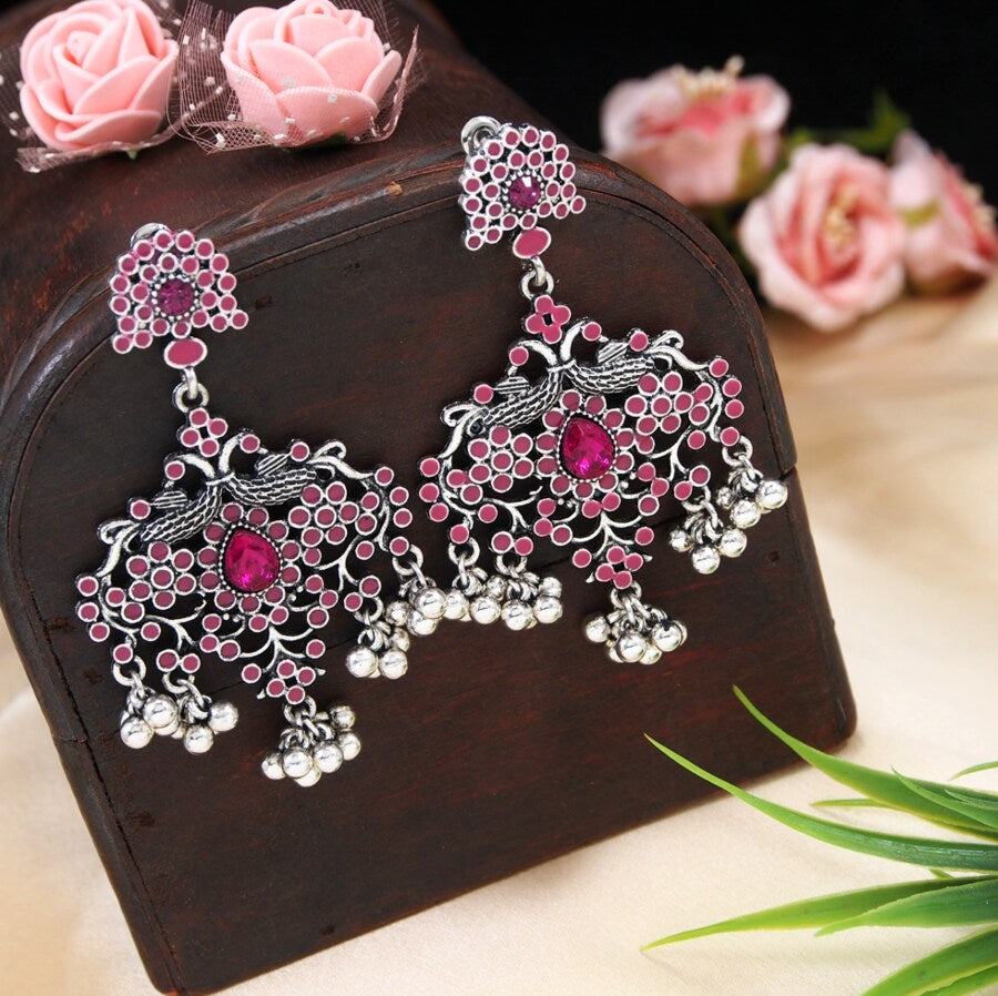 Antique Gold/Silver Plated Enamel Artwork Peacock Design Earring