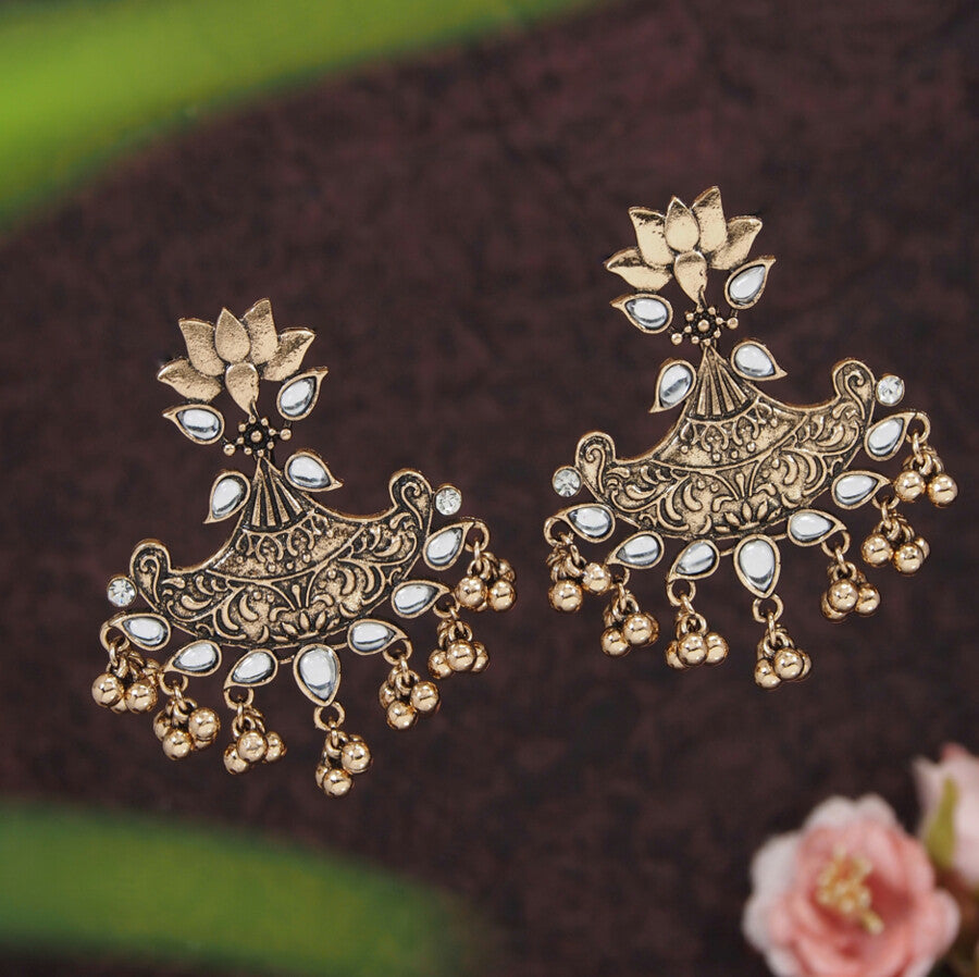 Antique Gold Plated Stone Studded with golden beads Lotus Design Earring