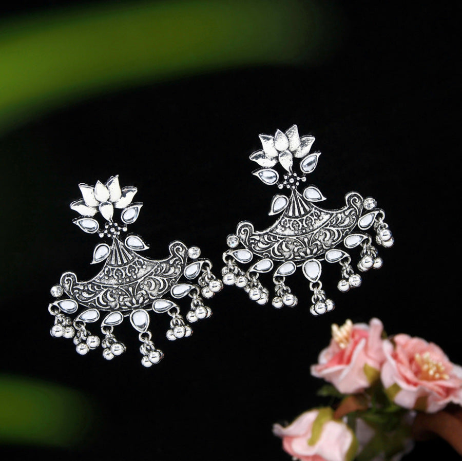 Antique Gold Plated Stone Studded with golden beads Lotus Design Earring