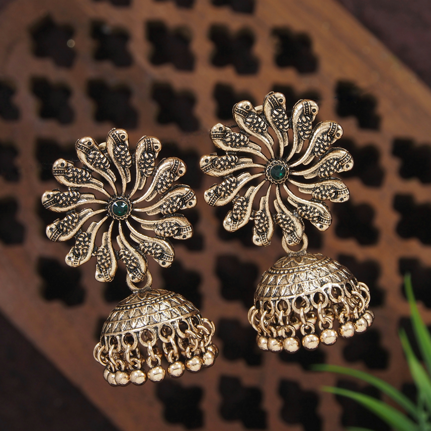 Antique Gold/Silver Plated Floral Peacock Design Hanging Beads Jhumki Earring