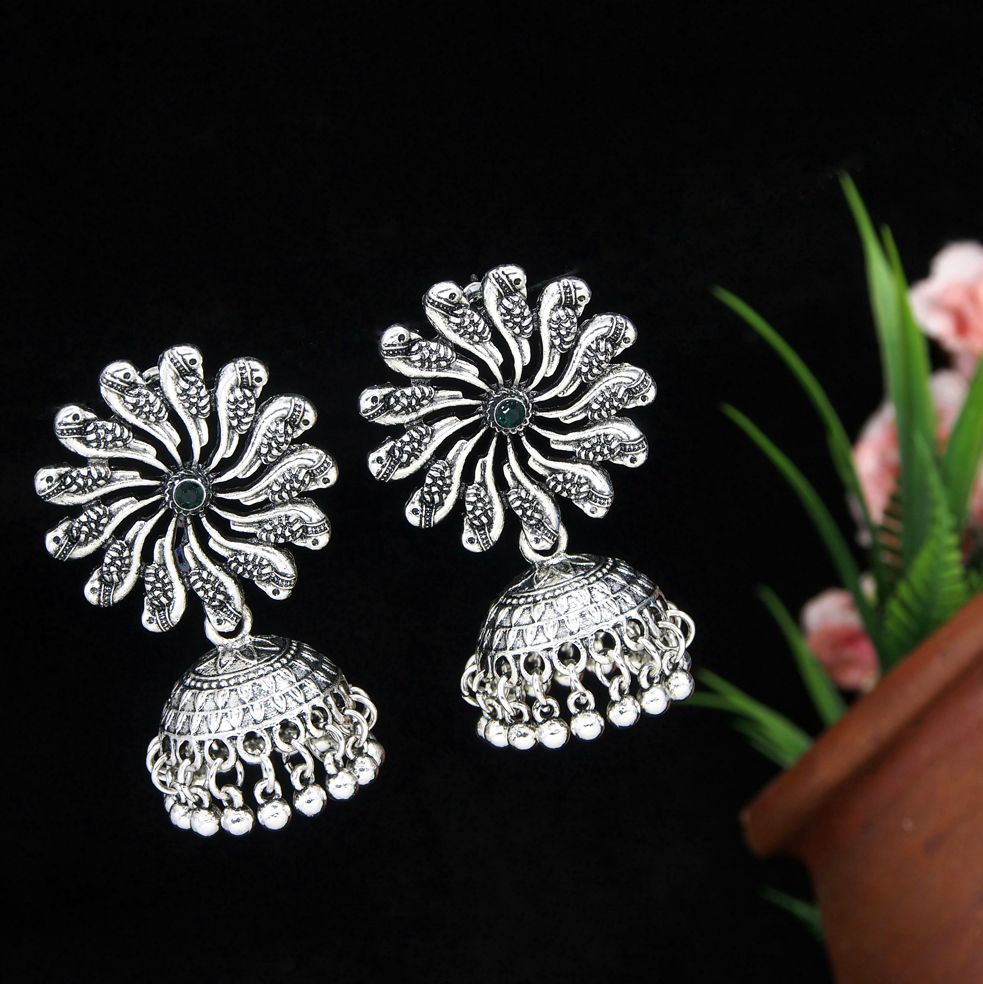 Antique Gold/Silver Plated Floral Peacock Design Hanging Beads Jhumki Earring