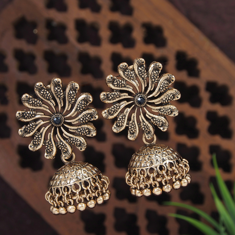 Antique Gold/Silver Plated Floral Peacock Design Hanging Beads Jhumki Earring