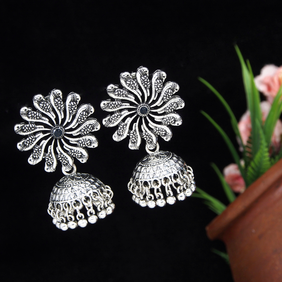 Antique Gold/Silver Plated Floral Peacock Design Hanging Beads Jhumki Earring