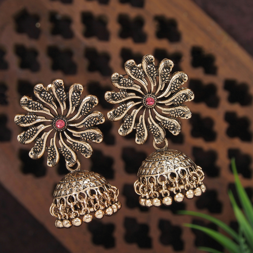 Antique Gold/Silver Plated Floral Peacock Design Hanging Beads Jhumki Earring