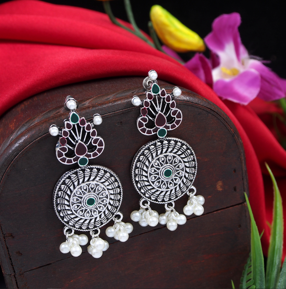 Antique Gold/Silver Plated Hanging Pearl Minakari Dangle Earring