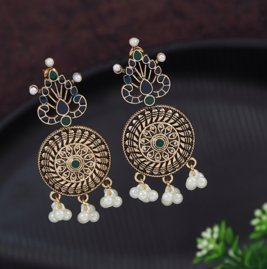 Antique Gold/Silver Plated Hanging Pearl Minakari Dangle Earring