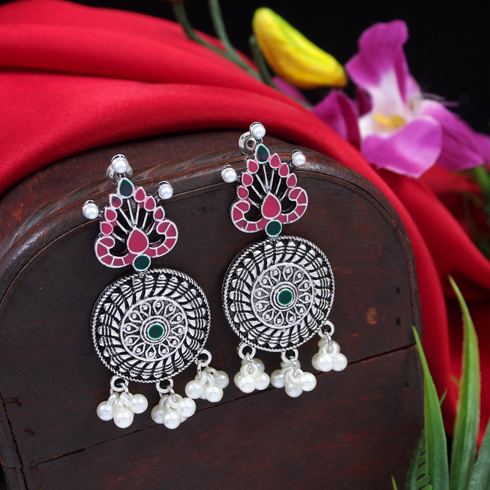 Antique Gold/Silver Plated Hanging Pearl Minakari Dangle Earring