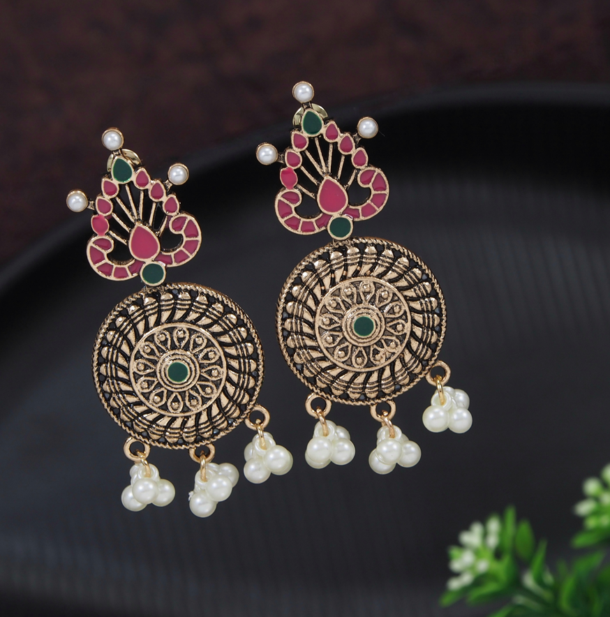 Antique Gold/Silver Plated Hanging Pearl Minakari Dangle Earring