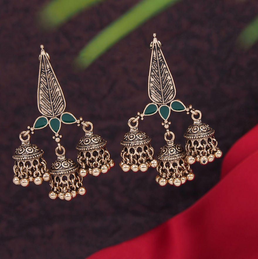 Antique Gold /Silver Plated Enamel Artwork Triple Jhumki Earring