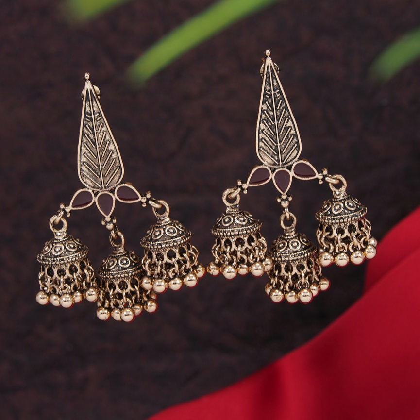 Antique Gold /Silver Plated Enamel Artwork Triple Jhumki Earring