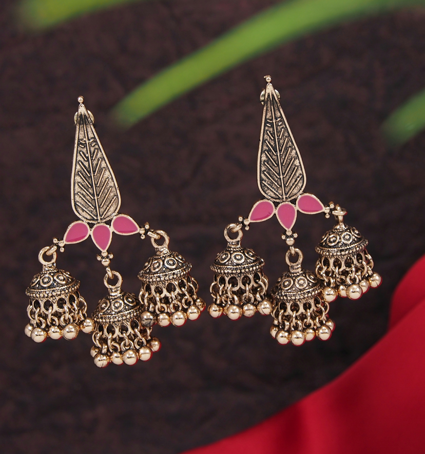 Antique Gold /Silver Plated Enamel Artwork Triple Jhumki Earring