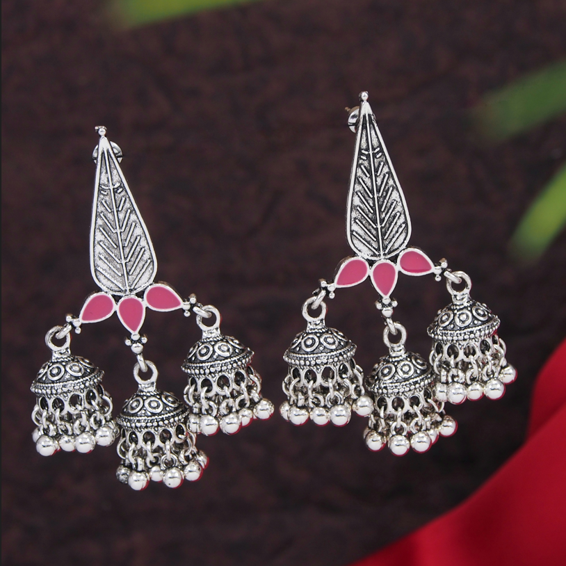 Antique Gold /Silver Plated Enamel Artwork Triple Jhumki Earring