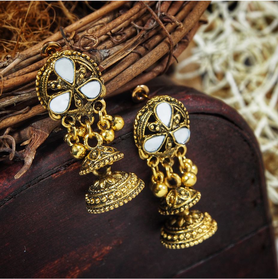 Antique Gold Plated Mirror Design Artwork Small Jhumki Earring