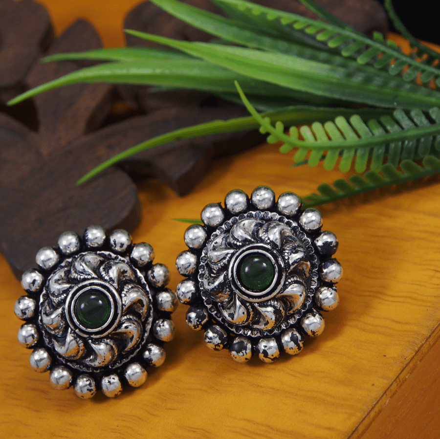 Antique Silver Plated Textured Circular Stud Earring