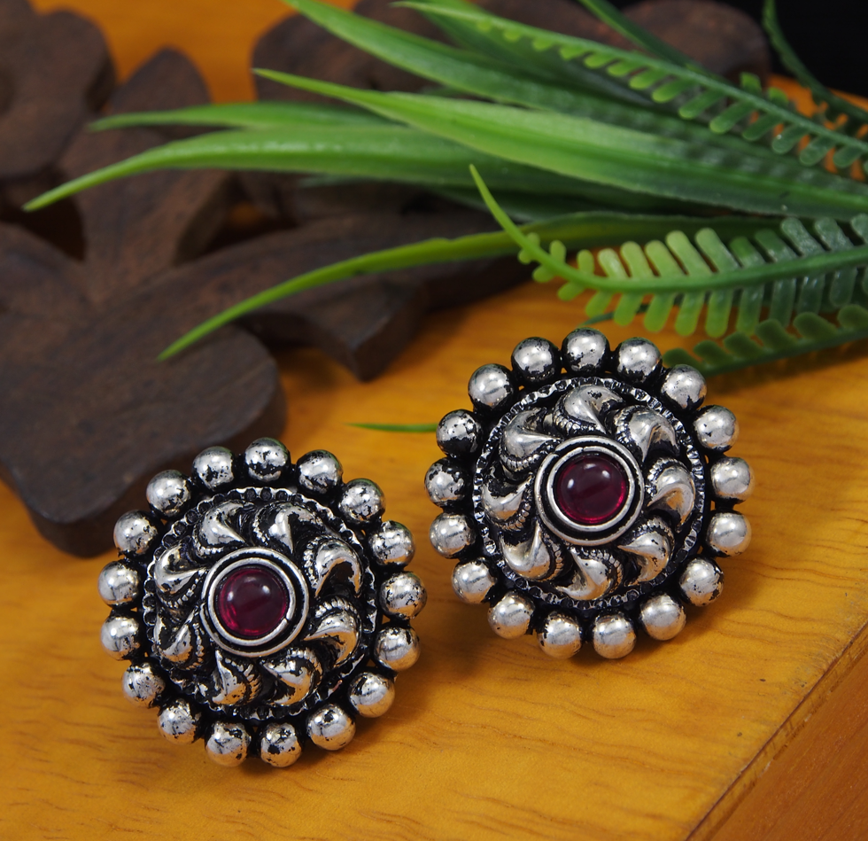 Antique Silver Plated Textured Circular Stud Earring