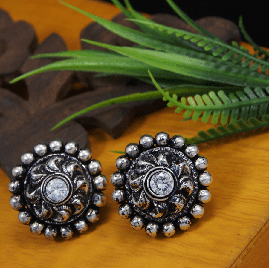 Antique Silver Plated Textured Circular Stud Earring