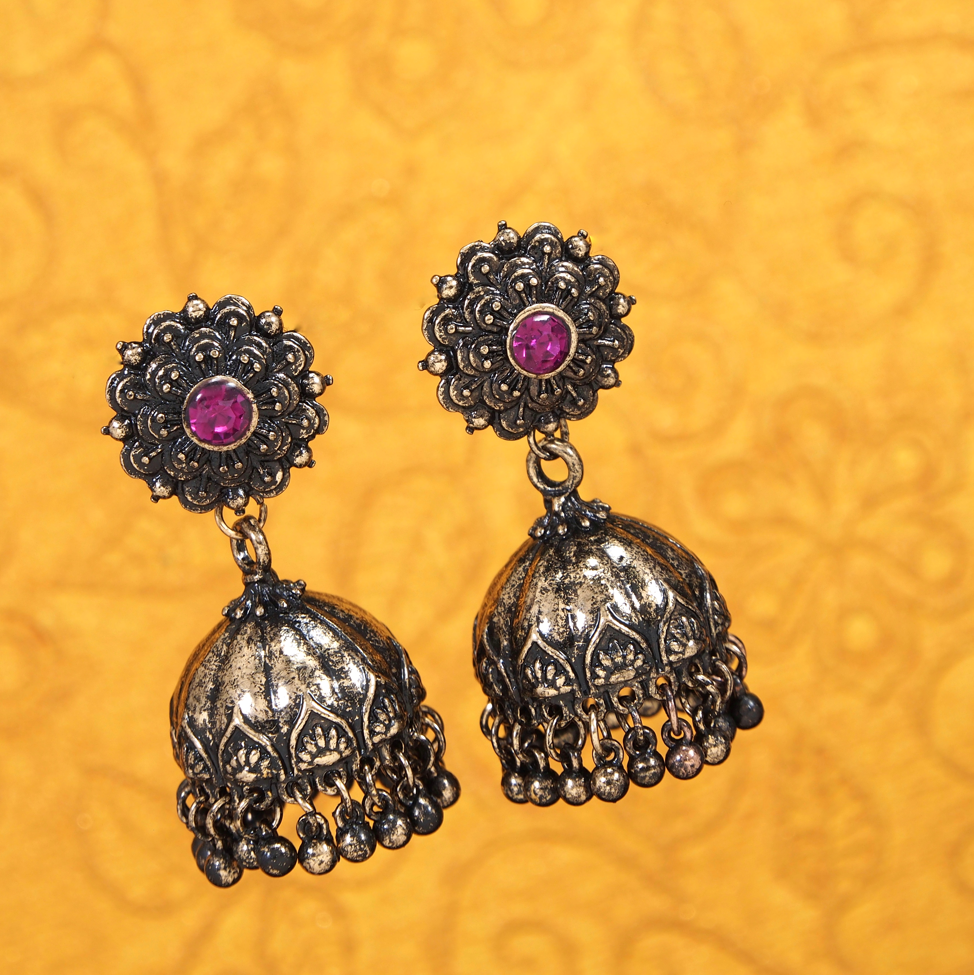 Antique Gold Plated Pink Coloured Jhumki Earring