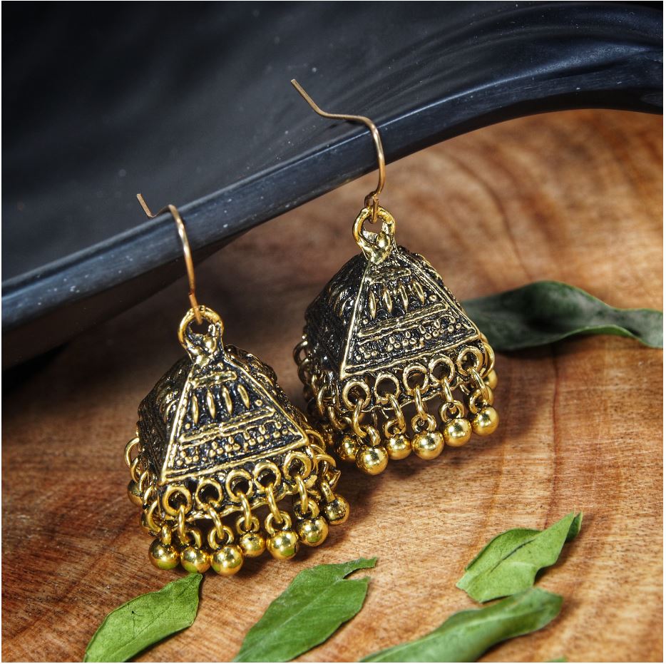 Antique Gold Plated Temple Shaped Fish Hooks Jhumki Earring