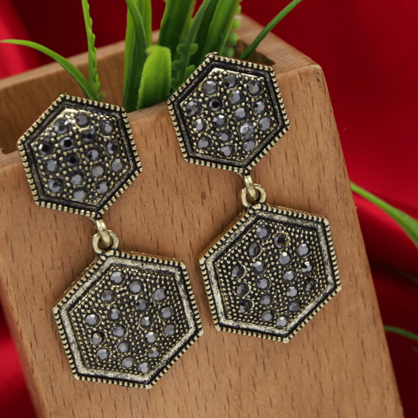 Antique Gold/Silver Plated Rustic Hexagon Shaped Dangle Earring
