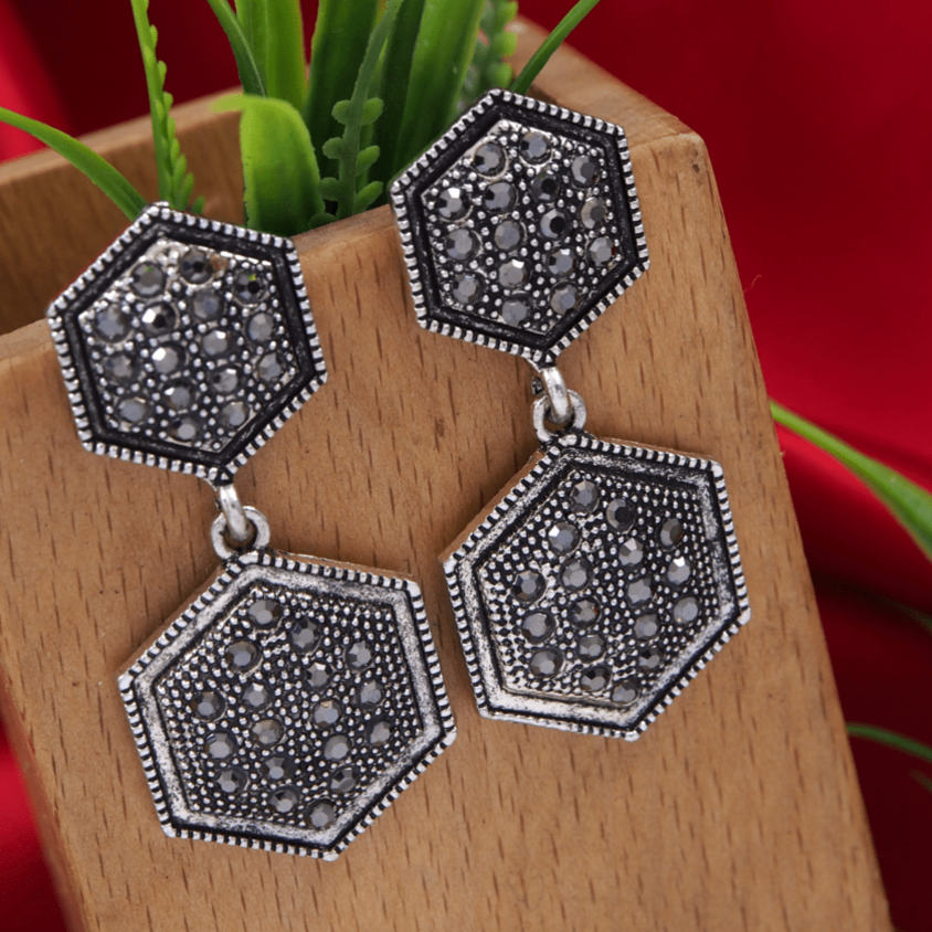 Antique Gold/Silver Plated Rustic Hexagon Shaped Dangle Earring