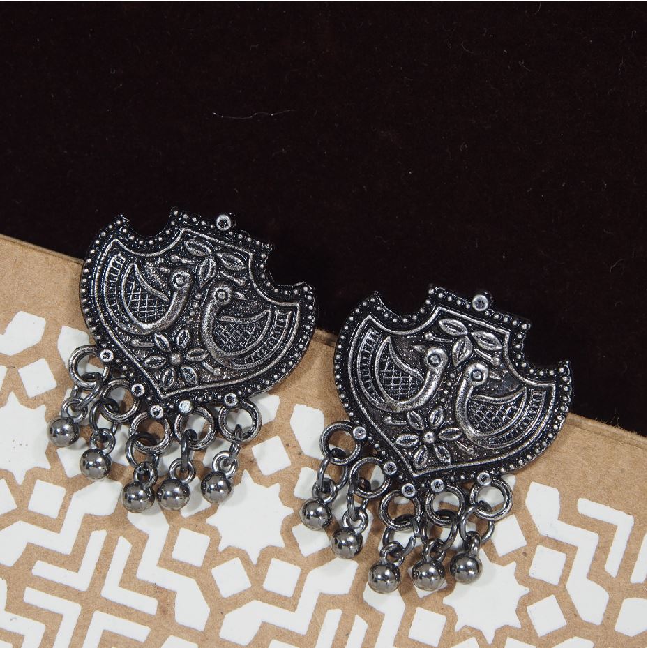 Antique Gold/Silver Oxidized Ethnic Peacock Designed Stud Earring