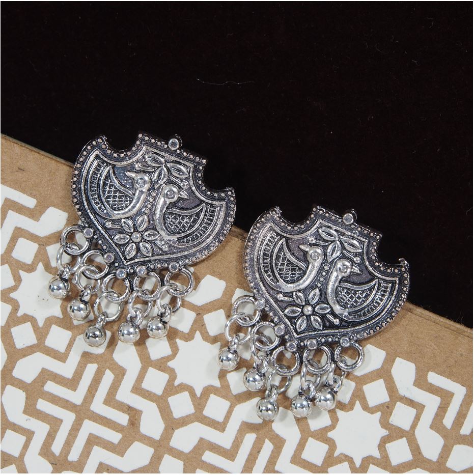 Antique Gold/Silver Oxidized Ethnic Peacock Designed Stud Earring
