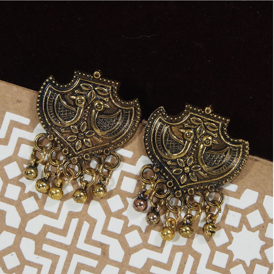 Antique Gold/Silver Oxidized Ethnic Peacock Designed Stud Earring