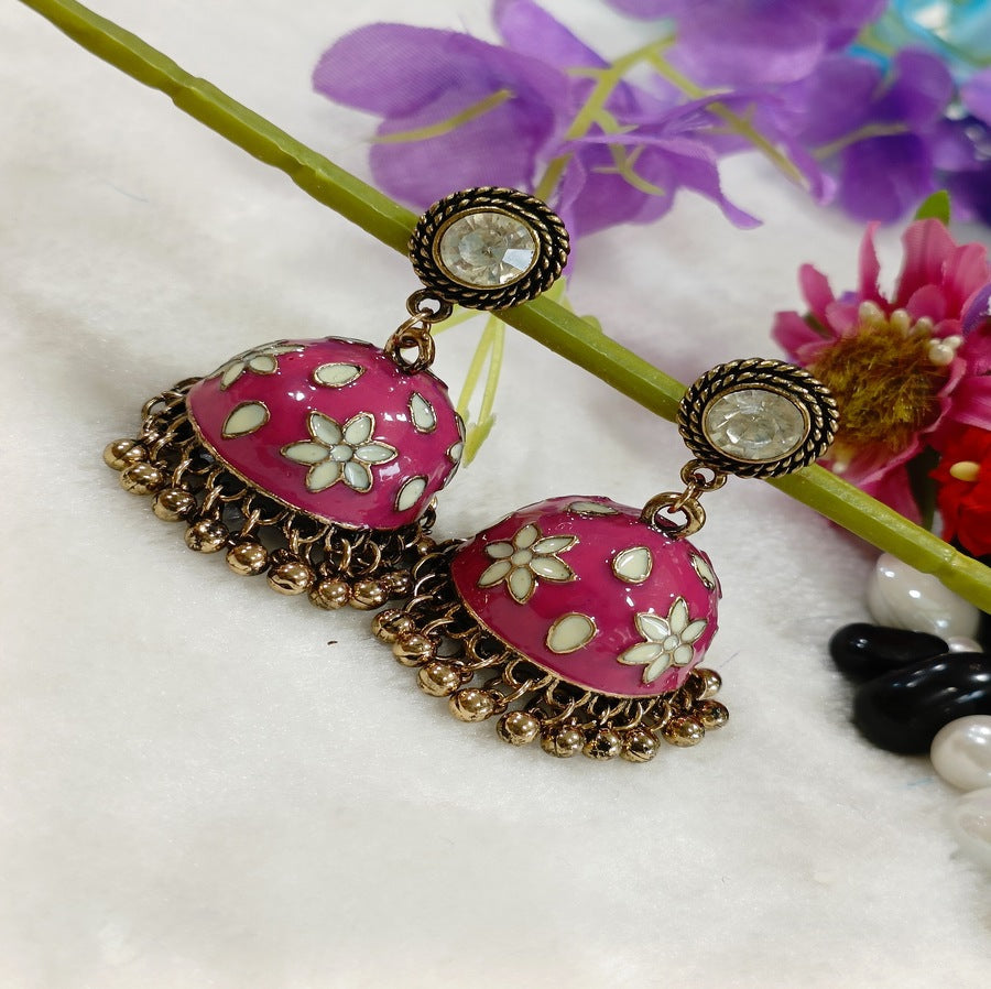Antique Gold Plated Pink Coloured Floral Jhumka Earring