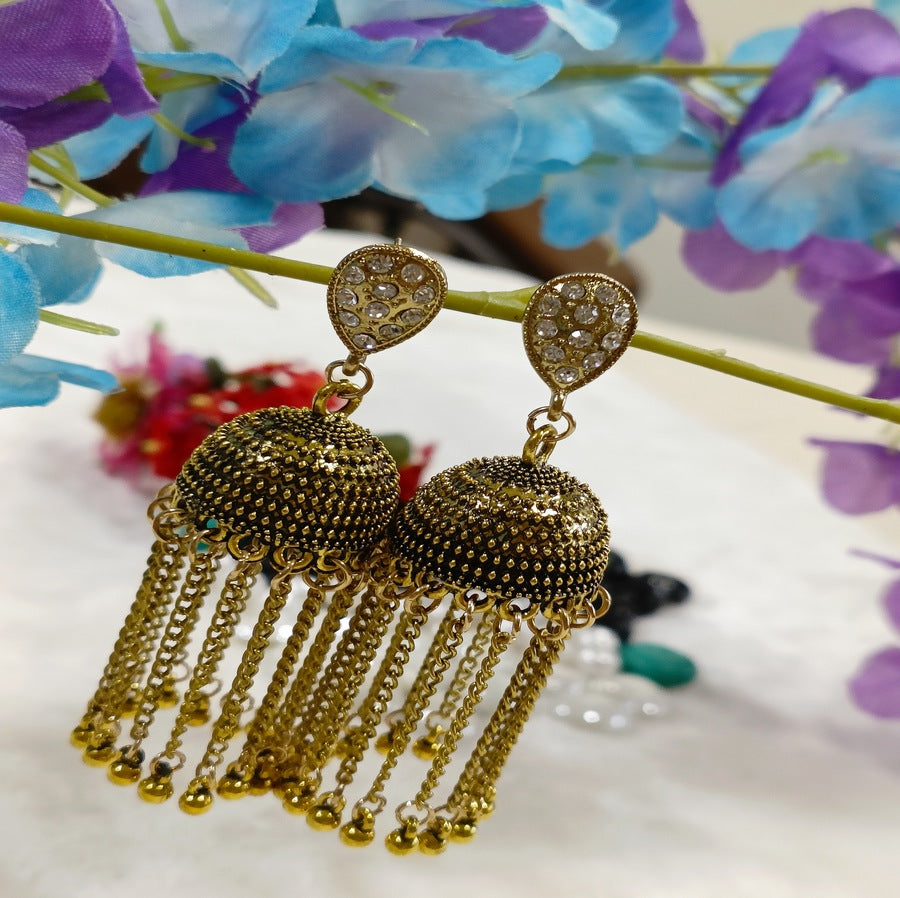 Antique Gold Plated Chain Tassel Jhumka Earring