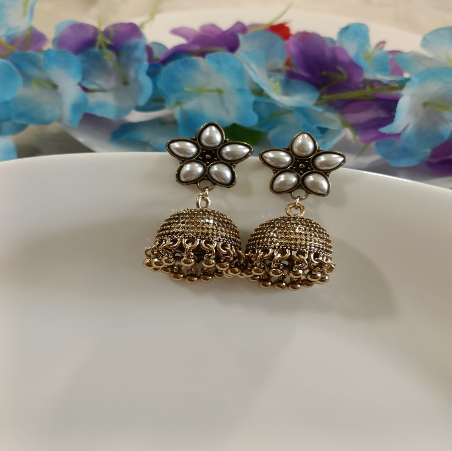 Antique Gold Plated Floral White Pearl Jhumka Earring