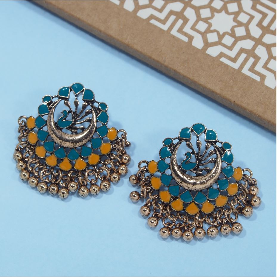 Antique Silver / Gold Plated Peacock Designed Enamel Work Studded Ethnic Earring