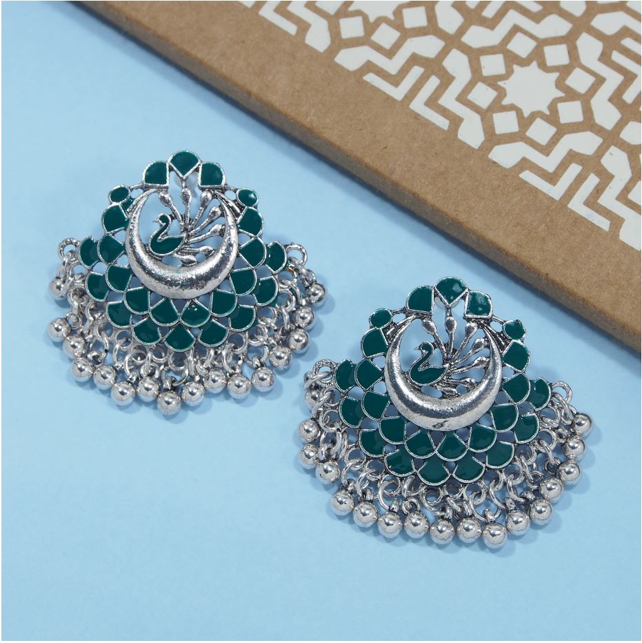 Antique Silver / Gold Plated Peacock Designed Enamel Work Studded Ethnic Earring