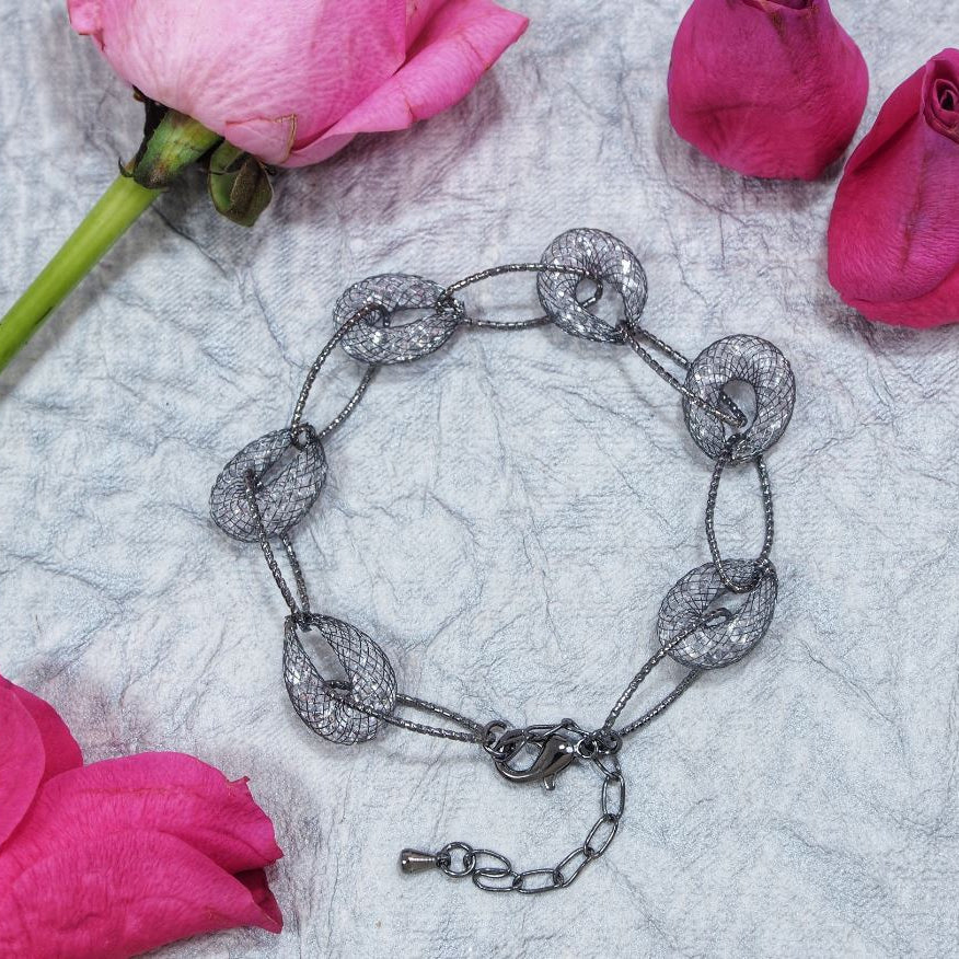 Crystal With Gun Metal Plated Chain Link Fishnet Bracelet-BR 1024