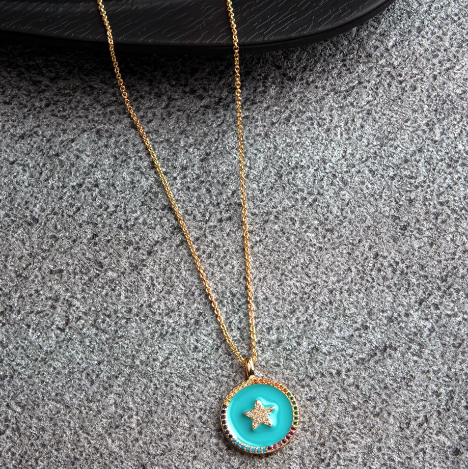 Gold Plated CZ American Diamond Round Shaped Turquoise Enamel Star Designed Pendant Necklace- CZNK 1143