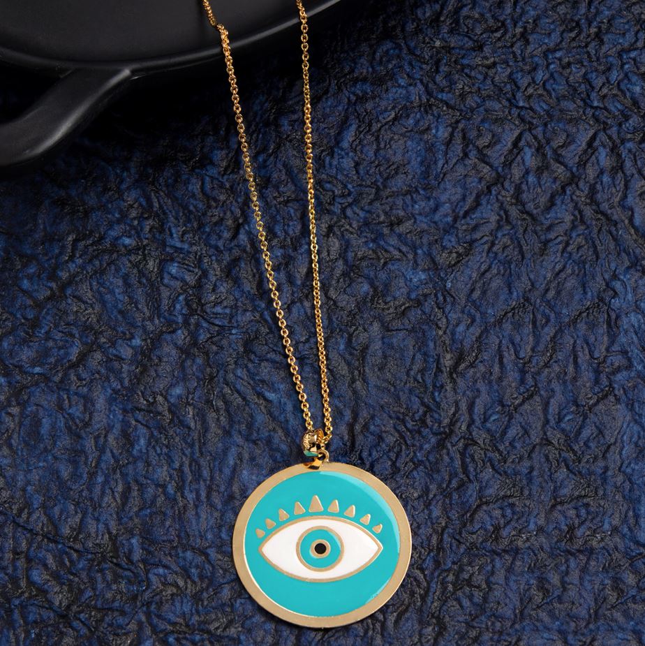 Gold Plated Round Shaped Turquoise Enamel Evil Eye Pendant Protect Lucky Necklace-EVNK 1135