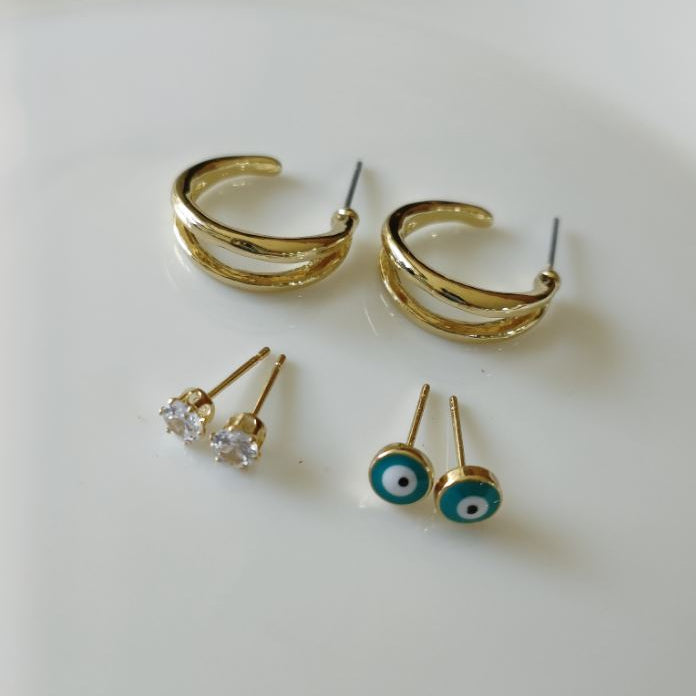 Set Of 3 Gold /Silver /Rosegold Plated  CZ Fashion Hoops Earring