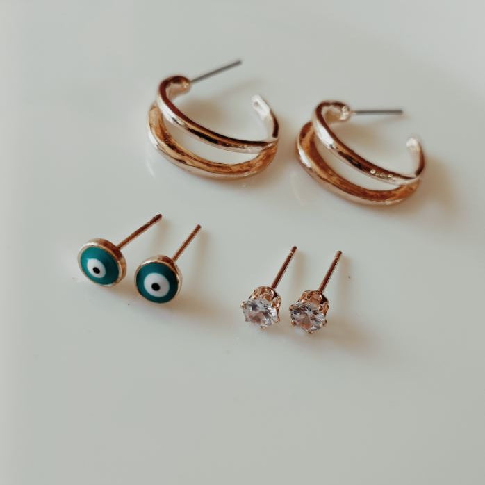 Set Of 3 Gold /Silver /Rosegold Plated  CZ Fashion Hoops Earring