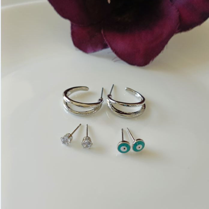 Set Of 3 Gold /Silver /Rosegold Plated  CZ Fashion Hoops Earring