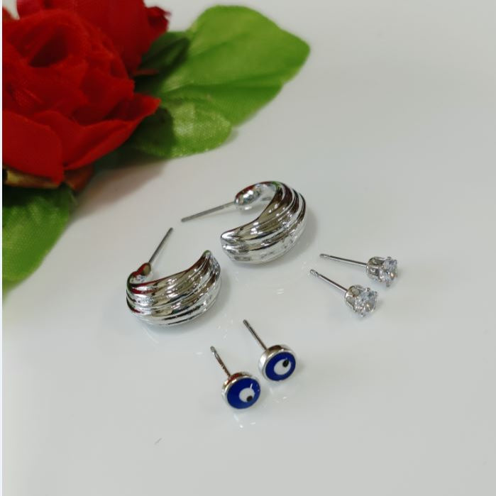 Set Of 3 Gold /Silver /Rosegold Plated Hoops, CZ &amp; Evil Eye Stud Earring